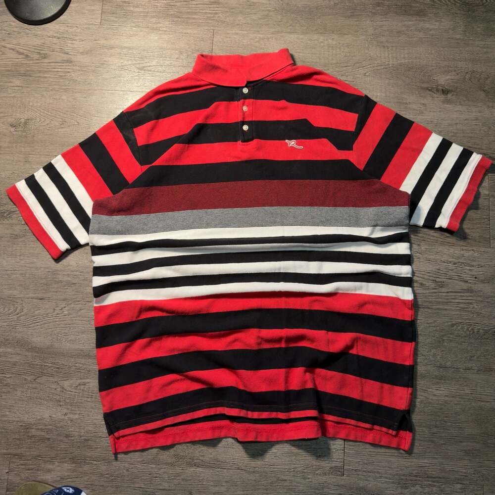 Rocawear Men's Striped Short Sleeve Polo Shirt Red Black White Y2K
